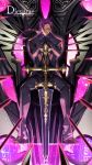  artist_request dies_irae dies_irae_pantheon formal full_body hair_over_one_eye hair_pulled_back highres legs_apart loafers looking_at_viewer muzan necktie official_art planted_sword planted_weapon ponytail purple_eyes purple_hair shoes sitting smirk suit sword throne weapon 