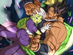  1girl abs armor ass biceps black_hair broken_armor broly_(dragon_ball_super) cheelai commentary_request debris dragon_ball dragon_ball_super dragon_ball_super_broly eyebrows_visible_through_hair eyes_visible_through_hair fushisha_o grabbing green_skin hand_on_another's_head leg_wrap looking_at_viewer muscle pectorals pelt scar silver_hair spiked_hair tan 