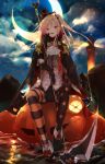  alternate_costume asymmetrical_legwear azur_lane bangs black_gloves black_legwear bow cape cleveland_(azur_lane) commentary_request crescent_moon devil_fever_(azur_lane) fang fingerless_gloves full_body glint gloves halloween hat highres holding holding_scythe long_hair looking_at_viewer moon night one_side_up open_mouth outdoors peaked_cap pointy_ears pumpkin sakusyo scythe short_shorts shorts sidelocks sitting sky smile star star_(sky) star_print starry_sky thighhighs water 