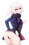  1girl ahoge ass bangs bar_censor black_dress blue_jacket blush breasts breasts_outside censored dress dress_lift eyebrows_visible_through_hair fate/grand_order fate_(series) fur-trimmed_jacket fur_trim hair_between_eyes hands_on_hips heart highres jacket jeanne_d&#039;arc_(alter)_(fate) jeanne_d&#039;arc_(fate)_(all) jeanne_d'arc_(alter)_(fate) jeanne_d'arc_(fate)_(all) looking_back medium_breasts nipples pussy pussy_juice ripe.c short_hair silver_hair simple_background smile solo standing thighs white_background yellow_eyes 