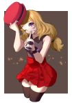  ankea_(a-ramo-do) bangs black_legwear blonde_hair breasts commentary_request cowboy_shot eyewear_removed hat hat_removed headwear_removed holding holding_hat long_hair looking_at_viewer mouth_hold one_eye_closed pleated_skirt pokemon pokemon_(game) pokemon_xy red_skirt serena_(pokemon) skirt smile solo sunglasses thighhighs thighs wristband 