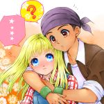  1girl ? angry bandana blonde_hair blue_eyes blush claire_(harvest_moon) couple dark_skin harvest_moon hug hug_from_behind kai_(harvest_moon) kazuma_hoshinomisaki long_hair overalls plaid plaid_shirt red_eyes shirt wristband 