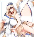 armpits bare_shoulders blindfold blonde_hair blush breast_grab breasts dress eyebrows_visible_through_hair ginhaha goblin_slayer! grabbing highres jewelry large_breasts long_hair necklace no_panties parted_lips pelvic_curtain simple_background sleeveless solo sword_maiden very_long_hair white_background white_dress 