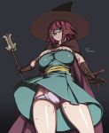  artist_name ass_visible_through_thighs black_background breasts cameltoe cape elbow_gloves glasses gloves goblin_slayer! green_eyes groin hat large_breasts leather leather_gloves looking_at_viewer onomeshin panties pink_panties purple_hair short_hair skindentation solo staff sweat thighs underwear upskirt witch_hat wizard_(goblin_slayer!) 