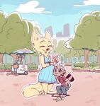  2018 anthro arctic_fox barefoot bench blush canine cervine claws clothed clothing cloud colored crouching dessert disney duo_focus ear_markings facial_markings feline female food fox fuel_(artist) fur_markings group hand_on_stomach holding_object ice_cream ice_cream_cone jack_savage lagomorph male mammal markings outside park pregnant rabbit skye_(zootopia) smile standing toe_claws tree vendor zootopia 