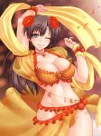  ;) arm_up bell blue_eyes bracelet breasts brown_hair cleavage commentary_request earrings fate/grand_order fate_(series) flower frills hair_flower hair_ornament hoop_earrings jewelry large_breasts long_hair looking_at_viewer mata_hari_(fate/grand_order) navel one_eye_closed red_flower see-through smile solo standing suzuki_sakura 