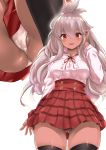  ahoge ass_visible_through_thighs black_legwear breasts center_frills commentary_request cowboy_shot dark_skin double-breasted eyebrows_visible_through_hair granblue_fantasy hair_between_eyes hair_tucking high-waist_skirt highres kztk long_hair looking_at_viewer medium_breasts meme_attire multiple_views panties partially_visible_vulva plaid pleated_skirt red_eyes shirt_tucked_in sidelocks silver_hair simple_background skirt thighhighs underwear upskirt virgin_killer_outfit white_background white_panties zooey_(granblue_fantasy) 