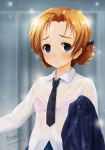  artist_name bangs black_bow black_neckwear blue_eyes blue_sweater blush bow bra bra_through_clothes braid bralines closed_mouth commentary_request dress_shirt girls_und_panzer hair_bow haruhata_mutsuki holding long_sleeves looking_at_viewer necktie orange_hair orange_pekoe parted_bangs pink_bra school_uniform see-through shirt short_hair signature smile solo standing sweater sweater_removed tied_hair twin_braids twintails twitter_username underwear untucked_shirt upper_body wet wet_clothes wet_hair wet_shirt white_shirt 