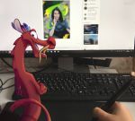  2018 crossed_arms dell depth_of_field disney dragon drawing_tablet eastern_dragon female first_person_view hewwo-retich human keyboard logitech looking_at_viewer looking_back making_art male mammal microsoft_windows monitor mulan_(copyright) mushu open_mouth open_smile pen real red_body red_nose smile solo_focus teeth 