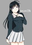  black_eyes black_hair breasts girls_und_panzer grey_background hand_on_own_chest hand_seal isuzu_hana kazunoko long_hair medium_breasts ooarai_school_uniform skirt smile solo twitter_username white_skirt 