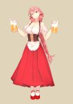  akashi_(kantai_collection) alcohol alternate_costume bare_shoulders beer beer_mug braid breasts cleavage corset dirndl eyebrows_visible_through_hair german_clothes hair_behind_ear hair_ribbon highres kantai_collection long_braid long_hair long_skirt medium_breasts pink_hair red_skirt ribbon single_braid skirt smile solo tan_background tress tress_ribbon yellow_eyes yuuji_(and) 