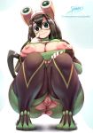  1girl artist_name ass asui_tsuyu black_eyes black_hair bodysuit boku_no_hero_academia breasts curvy eyebrows_visible_through_hair face_paint gloves hips huge_ass huge_breasts legs long_hair looking_at_viewer nipples patreon_username pussy simple_background solo spindles squatting thick_thighs thighs tied_hair torn_clothes wardrobe_malfunction white_background white_gloves wide_hips worried 