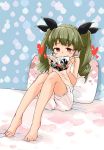  anchovy bangs barashiya barefoot bed_sheet black_ribbon blush book commentary covered_mouth drill_hair eyebrows_visible_through_hair full_body girls_und_panzer green_hair hair_ribbon heart heart_print highres holding holding_book indoors long_hair on_bed pajamas pillow reading red_eyes ribbon shirt sitting solo sparkle tank_top twin_drills twintails white_shirt 