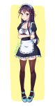  alternate_costume apron blue_footwear breasts brown_legwear cleavage collarbone commentary cryingrobot doki_doki_literature_club english_commentary enmaided eyebrows_visible_through_hair frilled_apron frills full_body hair_ornament hair_ribbon hairclip high_heels highres long_hair maid maid_headdress medium_breasts pink_ribbon puffy_short_sleeves puffy_sleeves purple_eyes purple_hair ribbon ribbon_trim shoes short_sleeves simple_background skindentation solo thighhighs waist_apron wrist_cuffs yellow_background yuri_(doki_doki_literature_club) zettai_ryouiki 