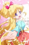  :d aikatsu!_(series) aikatsu_friends! bare_shoulders blonde_hair bow commentary dated dutch_angle foreshortening hair_bow highres kamishiro_karen long_hair long_skirt long_sleeves looking_at_viewer nii_manabu off-shoulder_shirt open_mouth petals purple_eyes reaching_out shirt sidelocks signature skirt smile solo topknot upper_body 