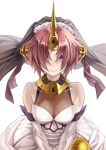  blue_eyes breasts commentary_request dress elbow_gloves fate/apocrypha fate/grand_order fate_(series) frankenstein's_monster_(fate) gloves hair_over_eyes hair_over_one_eye headgear highres horn kame_(pixiv) looking_at_viewer pink_hair short_hair small_breasts smile solo veil wedding_dress white_dress white_gloves 