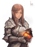  2018 absurdres armor blue_eyes brown_hair cowter elf gauntlets highres lips long_hair looking_at_viewer original pauldrons plate_armor pointy_ears seuyan solo white_background 