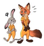  2018 angry anthro black_fur canine chain clothed clothing digital_media_(artwork) disney duo female fox full_body fur green_eyes grey_fur handcuffs judy_hopps lagomorph male mammal nick_wilde open_mouth prison prisoner purple_eyes rabbit red_fox red_fur shackle shackles simple_background starskitty teeth white_background white_fur zootopia 