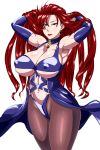  armpits arms_up breasts choker commentary_request covered_nipples earrings elbow_gloves gloves highres hips huge_breasts jewelry light_smile lipstick long_hair looking_at_viewer makeup ml navel pantyhose red_eyes red_hair red_lipstick saphine_grace simple_background solo super_robot_wars thighs very_long_hair white_background 
