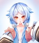  bangs blue_hair blush collarbone eyebrows_visible_through_hair hair_censor hair_flaps jijey long_hair looking_at_viewer low_twintails navel neptune_(series) next_white orange_eyes parted_bangs shin_jigen_game_neptune_vii sleeves_past_wrists solo topless triangle_mouth twintails very_long_hair 