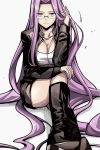  black_footwear black_jacket boots breasts cleavage collarbone commentary_request crossed_legs eyebrows_visible_through_hair fate/grand_order fate/stay_night fate_(series) glasses hand_in_hair hand_on_leg highres jacket knee_boots large_breasts light_smile long_hair looking_at_viewer purple_eyes purple_hair rider shirt simple_background sitting smile solo very_long_hair white_background white_shirt yuuma_(u-ma) 