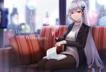  alternate_costume azur_lane bangs black_jacket black_legwear book breasts butterfly_hair_ornament city_lights cityscape cross cross_necklace cup dunkerque_(azur_lane) eternity_(pixiv8012826) eyebrows_visible_through_hair grey_hair hair_ornament heart highres holding holding_cup indoors jacket jewelry large_breasts long_hair looking_at_viewer necklace open_clothes open_jacket pantyhose pink_eyes rain ribbed_shirt shirt sidelocks sitting solo turtleneck white_shirt window 
