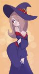  artist_name bags_under_eyes bare_shoulders breasts cleavage hair_over_one_eye half-closed_eyes hand_on_own_arm hat highres lavender_hair little_witch_academia long_hair looking_away looking_back looking_down luna_nova_school_uniform merunyaa partially_undressed patreon_username pixiv_username red_eyes robe shy small_breasts solo sucy_manbavaran witch witch_hat 