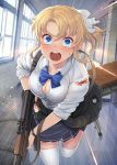  ak-47 assault_rifle bangs blonde_girl_(itou) blonde_hair blood blue_bow blue_eyes bow breasts bullet_trail cleavage clothes_around_waist collared_shirt commentary_request day desk flying_teardrops gun hair_bow hallway holding holding_gun holding_weapon indoors injury itou_(onsoku_tassha) looking_at_viewer motion_lines open_clothes open_mouth open_shirt original pleated_skirt ponytail rifle running shirt sidelocks skirt sleeves_rolled_up solo sweater_around_waist tears thighhighs torn_clothes torn_shirt weapon white_bow white_legwear white_shirt window 