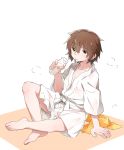  aka_ookami arm_support barefoot blush bottle brown_eyes brown_hair check_commentary closed_mouth commentary commentary_request drinking highres hiryuu_(kantai_collection) indian_style japanese_clothes kantai_collection kimono looking_at_viewer messy_hair milk milk_bottle no_bra short_hair simple_background sitting solo steam sweat white yukata 