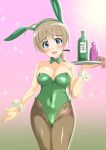  animal_ears areola_slip areolae black_legwear blue_eyes blush breasts brown_hair bunny_ears bunnysuit gradient gradient_background highres large_breasts leotard looking_at_viewer lynette_bishop minpei_ichigo open_mouth pantyhose pink_background simple_background smile strike_witches world_witches_series 