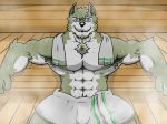  2018 anthro canine digital_media_(artwork) dog fur johndraki looking_at_viewer male mammal muscular muscular_male sauna simple_background sitting smile solo steam sweat towel 