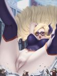  4boys arms_up ass blonde_hair bodysuit boku_no_hero_academia breasts brown_eyes cameltoe camera cellphone cellphone_camera covered_anus covered_navel covered_nipples debris destruction domino_mask fallen_down giantess horns large_breasts letdie1414 long_hair looking_at_viewer mask mount_lady multiple_boys open_mouth phone skin_tight smartphone solo_focus spread_legs 