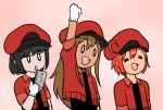  3girls :d =_= aa-5100 ae-3803 ahoge bangs black_hair blunt_bangs bob_cut brown_hair cellphone clenched_hand cropped_jacket gloves hat hataraku_saibou jacket jitome long_hair multiple_girls nt-4201 open_mouth pale_skin parody phone pink_background red_blood_cell_(hataraku_saibou) red_hair red_jacket simple_background smartphone smile sorrysap style_parody triangle_mouth triple_baka_(vocaloid) upper_body white_gloves 