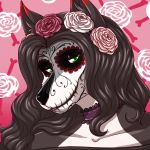  &lt;3 black_fur black_hair bone canine choker day_of_the_dead face_paint felicity_longis_(character) female flower flower_crown fox fur green_eyes hair half-closed_eyes looking_at_viewer mammal plant red_fur sajophoe simple_background skeleton smile solo white_fur 