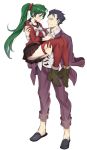  absurdres alternate_costume black_hair boots bow bowtie breasts carrying collared_shirt ear_piercing ebinku fire_emblem fire_emblem:_rekka_no_ken formal full_body green_eyes green_hair hair_ornament hair_slicked_back hector_(fire_emblem) highres long_hair looking_at_another lyndis_(fire_emblem) medium_breasts miniskirt nintendo pants piercing platform_boots pleated_skirt ponytail princess_carry red_legwear sailor_collar school_uniform scrunchie serafuku shirt short_hair simple_background skirt slippers standing suit sweatdrop thighhighs thighs white_background 