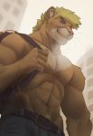 2018 5_fingers abs anthro backpack belt biceps blonde_hair blue_eyes city clothed clothing cougar day digital_media_(artwork) eyebrows feline fur hair inner_ear_fluff jeans koul kubwa male mammal multicolored_fur muscular muscular_male navel outside pants pecs pink_nose pubes signature sky smile solo standing topless two_tone_fur whiskers 