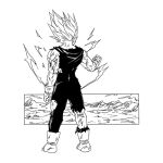  arm_at_side aura blood bloody_clothes boots clenched_hand dirty dirty_clothes dragon_ball dragon_ball_z electricity facing_away full_body gloves greyscale majin_vegeta male_focus monochrome mountain outdoors outside_border rock simple_background sky standing super_saiyan torn_clothes vegeta white_background 