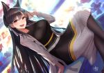  :d alternate_costume animal_ears arm_support atago_(azur_lane) azur_lane bangs black_hair black_legwear blush breasts brown_eyes casual collarbone commentary_request crossed_legs dress extra_ears eyebrows_visible_through_hair hair_ribbon hand_in_hair head_tilt highres indoors jacket large_breasts long_hair looking_at_viewer mappaninatta mole mole_under_eye open_clothes open_jacket open_mouth pantyhose ribbon sidelocks signature sitting smile solo swept_bangs taut_clothes taut_dress white_jacket white_ribbon 