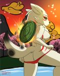  amaterasu ammy anthro anthrofied barely_visible_genitalia barely_visible_pussy breasts canine clothed clothing deity detailed_background digital_media_(artwork) female ikaribunbun invalid_color mammal nipples panties pussy side_boob simple_background solo topless underwear undressing video_games wolf ōkami 