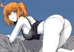  abe_inori all_fours ass breasts fate/grand_order fate_(series) fujimaru_ritsuka_(female) hair_ornament hair_scrunchie looking_at_viewer medium_breasts one_side_up open_mouth orange_eyes orange_hair orange_scrunchie pale_skin panties scrunchie short_hair side_ponytail simple_background solo tank_top underwear underwear_only white_panties 