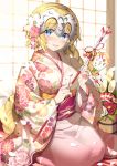  1girl akae_neo alternate_costume bangs blonde_hair blue_eyes blush braid breasts commentary_request contemporary eyebrows_visible_through_hair fate/grand_order fate_(series) floral_print flower from_side full_body hair_flower hair_ornament headpiece highres indoors japanese_clothes jeanne_d&#039;arc_(fate) jeanne_d&#039;arc_(fate)_(all) jeanne_d'arc_(fate) jeanne_d'arc_(fate)_(all) large_breasts long_hair obi open_mouth sash seiza single_braid sitting sliding_doors solo very_long_hair wide_sleeves 