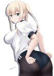  alternate_costume ass black_buruma black_legwear blonde_hair buruma commentary_request cowboy_shot from_behind fuuma_nagi graf_zeppelin_(kantai_collection) grey_eyes gym_uniform hair_between_eyes kantai_collection long_hair looking_at_viewer looking_back pantyhose pantyhose_under_buruma sidelocks simple_background solo tsurime twintails white_background 