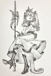  cross crosshatching crown dress earrings greyscale hatching_(texture) high_heels highres jewelry long_hair looking_at_viewer mashimashi monochrome original sitting solo tail weapon 