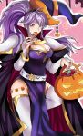  breasts candy cape cleavage cleavage_cutout eating fire_emblem fire_emblem_heroes food halloween halloween_basket hat high_collar highres ishtar_(fire_emblem) large_breasts lollipop long_hair looking_at_viewer pauldrons ponytail pumpkin purple_eyes purple_hair rem_sora410 thighhighs witch_hat 