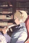  ai-wa black_eyes blonde_hair book bookshelf european_clothes fire_emblem fire_emblem_if highres holding holding_paper holding_quill leon_(fire_emblem_if) paper quill sitting solo thinking 