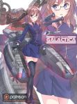  1girl battlestar_galactica black_shoes blue_eyes blue_uniform commission crossover fanart galactica_chan glasses gloves hires kancolle kantai_collection laura_roslin leg_socks long_hair looking_at_viewer military military_uniform open_mouth orange_hair poster shoes skirt socks space_ship sydusarts thighs turrets uniform weapons 
