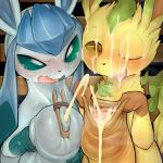  2018 blush cum cum_on_face cum_on_tongue digital_media_(artwork) duo eeveelution foreskin foreskin_play glaceon hi_res leafeon looking_at_viewer male male/male nintendo one_eye_closed open_mouth penis pok&eacute;mon pok&eacute;mon_(species) syuro tongue uncut video_games 