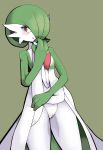  1girl blush collarbone cowboy_shot creatures_(company) embarrassed eyebrows_visible_through_hair female game_freak gardevoir gen_3_pokemon green_background green_hair green_skin hair_over_one_eye half-closed_eyes hand_up highres holding lifted_by_self looking_at_viewer nintendo open_mouth pokemon pokemon_(creature) pussy red_eyes ruishin short_hair shy simple_background solo standing two-tone_skin uncensored white_skin 