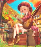  abo_(kawatasyunnnosukesabu) animal autumn autumn_leaves bag band bangs barn bear bird black_cat blonde_hair boots bottle braid brown_footwear building cat commentary_request crossed_legs day drum drum_set guitar highres instrument long_hair long_sleeves looking_at_animal md5_mismatch original outdoors plaid plaid_hat plaid_shirt pleated_skirt porcupine red_eyes ribbon-trimmed_skirt ribbon_trim shirt sidelocks sitting skirt smile twin_braids very_long_hair white_skirt 