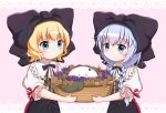  angora_rabbit animal bangs basket black_bow black_skirt black_vest blonde_hair blue_eyes blue_hair blush bow braid bunny chibi closed_mouth commentary_request eyebrows_visible_through_hair food fruit gochuumon_wa_usagi_desu_ka? goth_risuto grapes green_eyes hair_between_eyes hair_bow holding holding_basket kafuu_chino kirima_sharo lace_border lace_trim long_hair low_twintails multiple_girls pink_background puffy_short_sleeves puffy_sleeves shirt short_sleeves skirt smile tippy_(gochiusa) twin_braids twintails very_long_hair vest white_shirt 